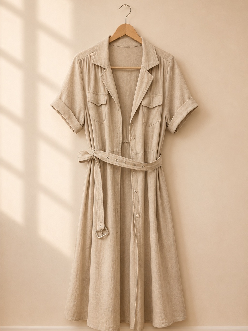 Tajari Classic Beige Button Down Belted Shirt Dress